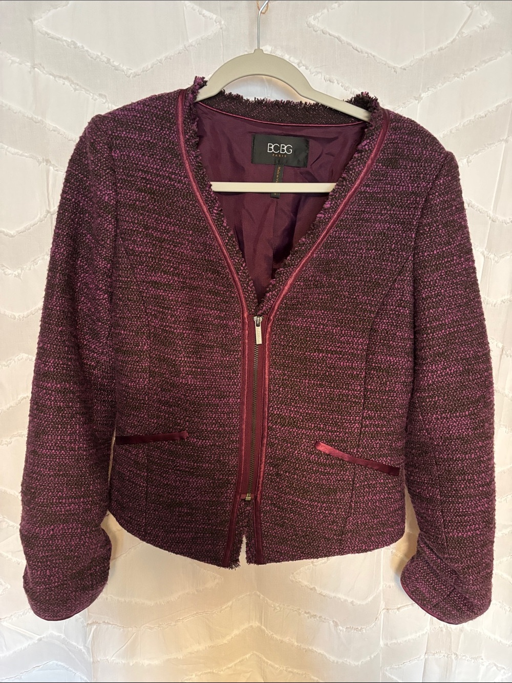 BCBG Plum Tweed Zip-Front Blazer Jacket